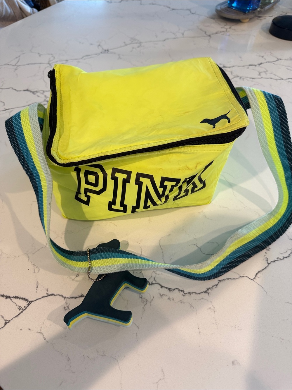 PINK Victoria's Secret Neon Yellow mini cooler bag Striped Strap